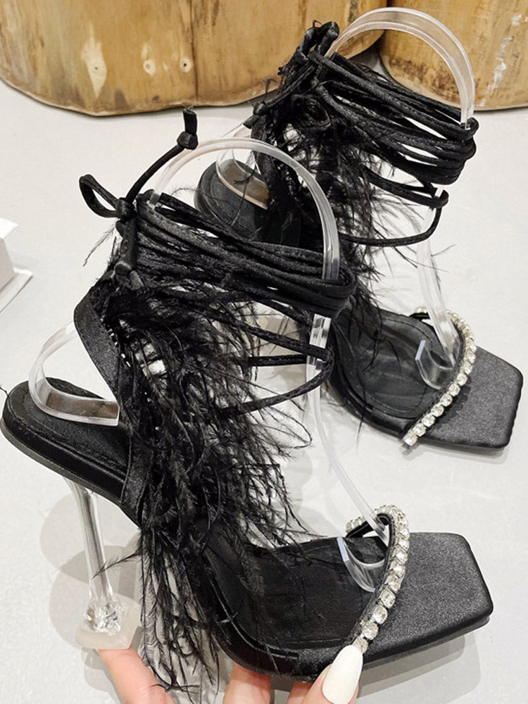 Sandalias de punta cuadrada con cordones y plumas de diamantes de imitación