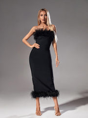 Salome Strapless Feather Trimmed Bandage Dress In Black