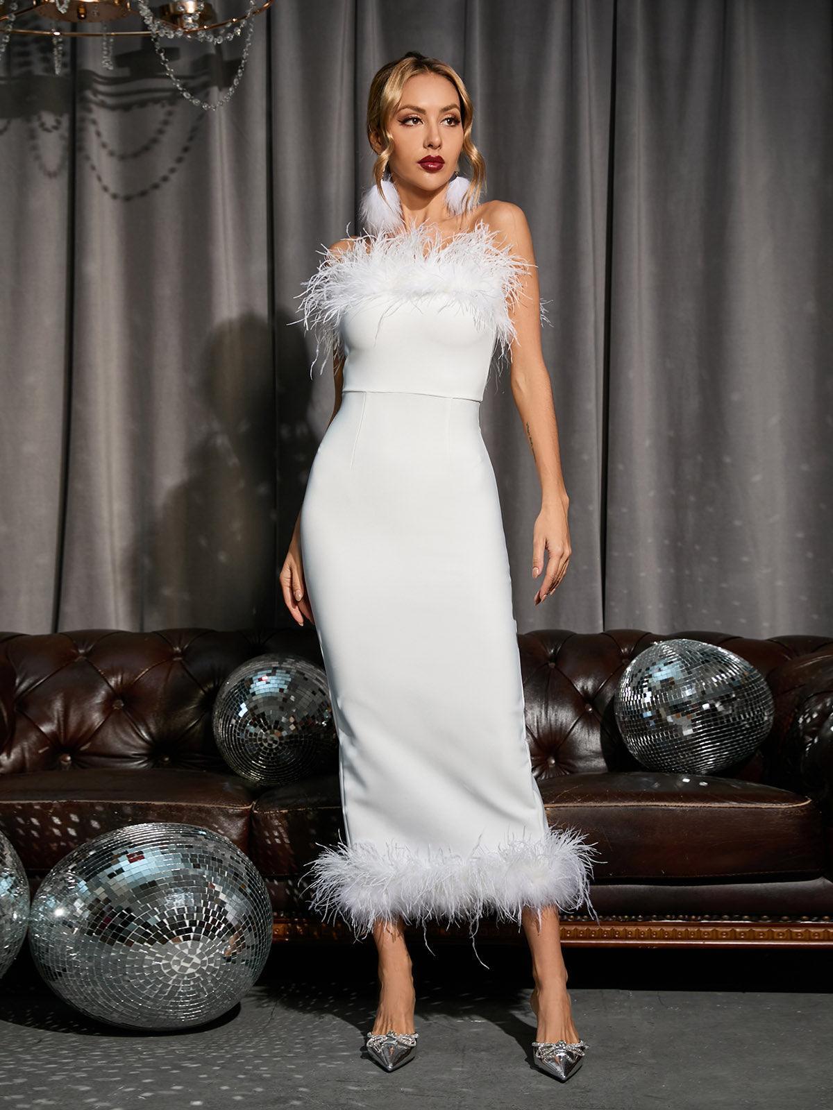 Salome Strapless Feather Trimmed Bandage Dress In White