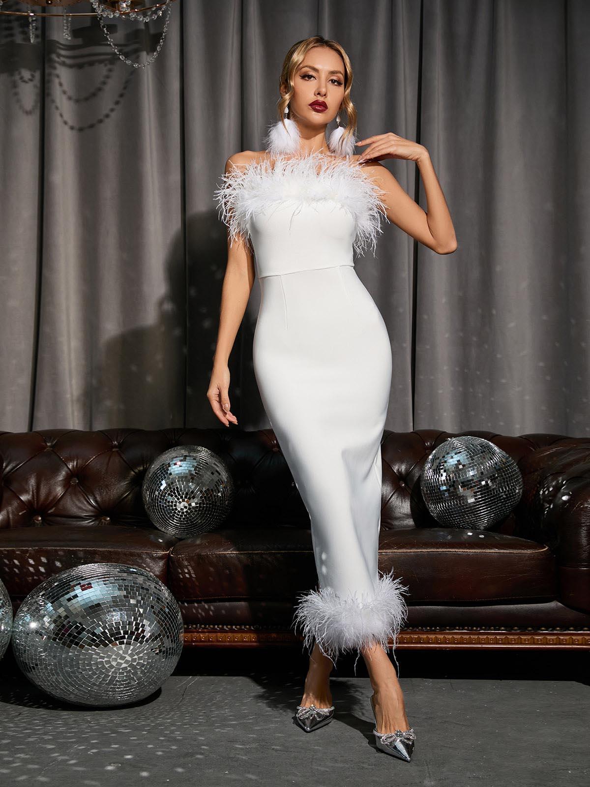 Salome Strapless Feather Trimmed Bandage Dress In White
