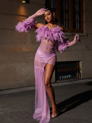 Satine Spaghetti Tulle Maxi Dress With Gloves In Lilac