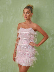Senara Strapless Sequin Feather Mini Dress