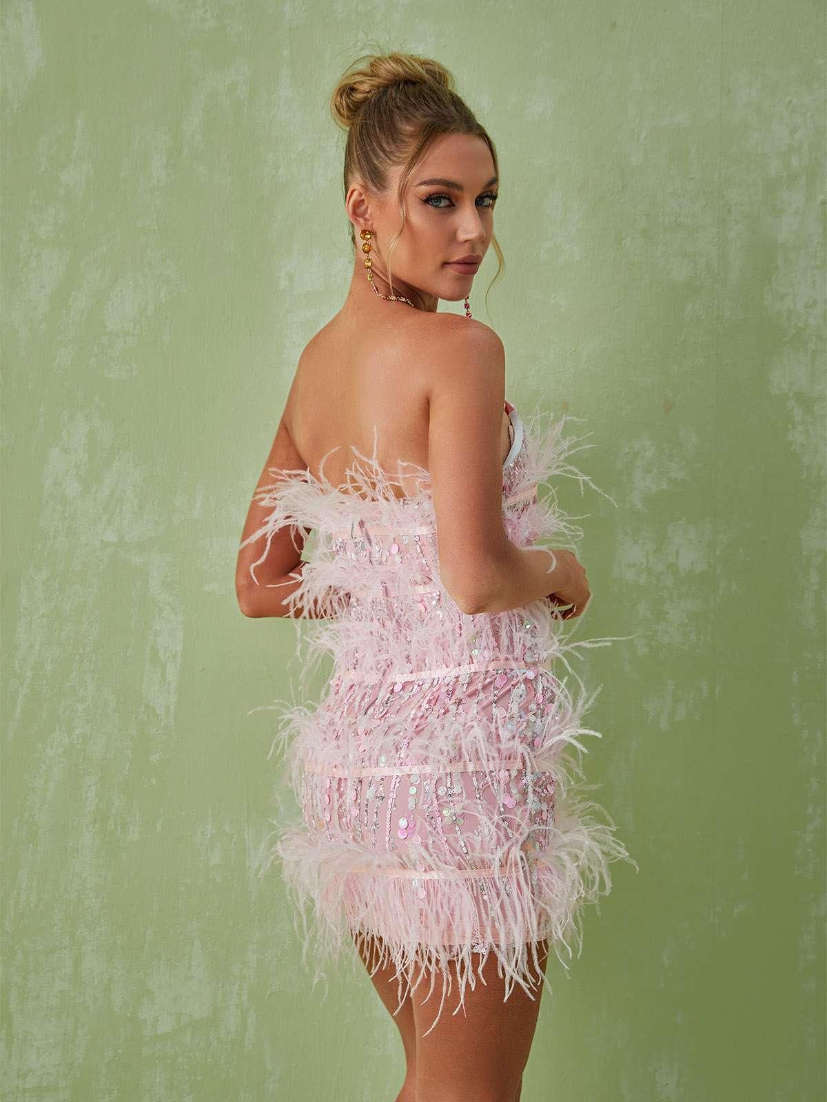 Senara Strapless Sequin Feather Mini Dress – Fiel Shop