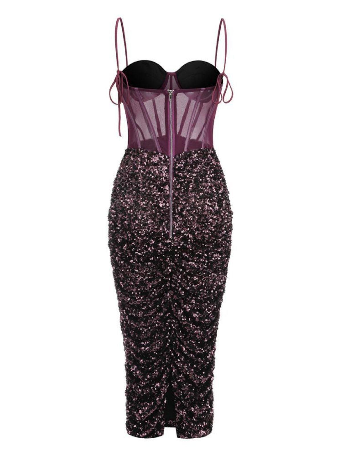 Vestido midi morado con lentejuelas y corsé de Sevyn 