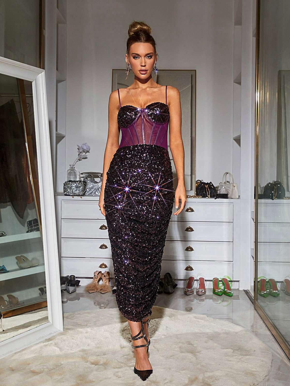 Sevyn Corset Sequin  Midi Dress In Purple