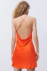 Cowl Neck Criss Cross Back Summer Satin Slip Mini Dress - Burnt Orange