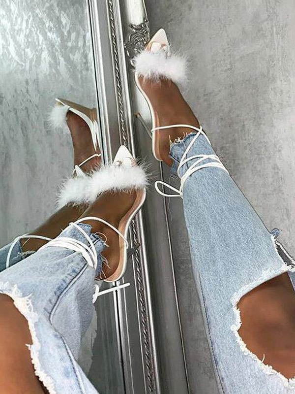 Feather Lace-Up Pointed Toe Heel
