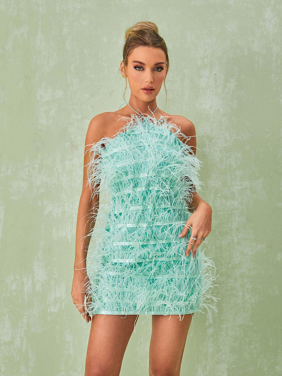 Shreya Feather Mini Dress In Mint