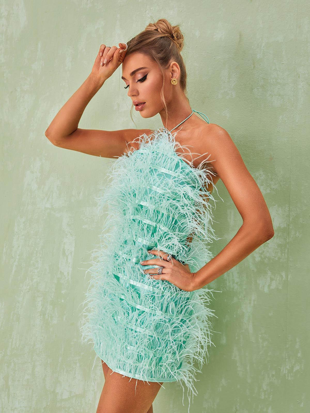 Shreya Feather Mini Dress In Mint