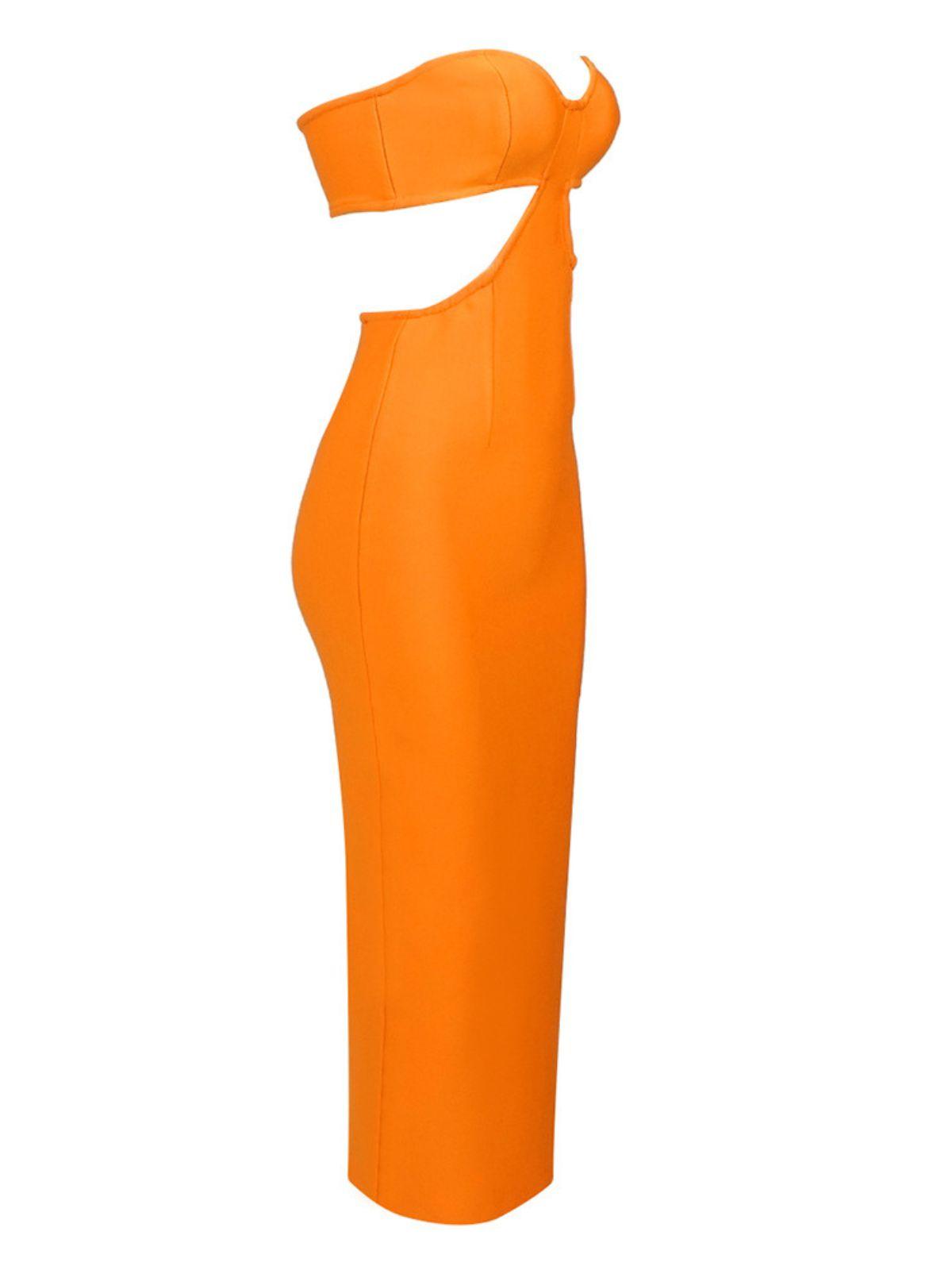 Sinead – Trägerloses Bandage-Kleid mit Cut-outs in Orange 