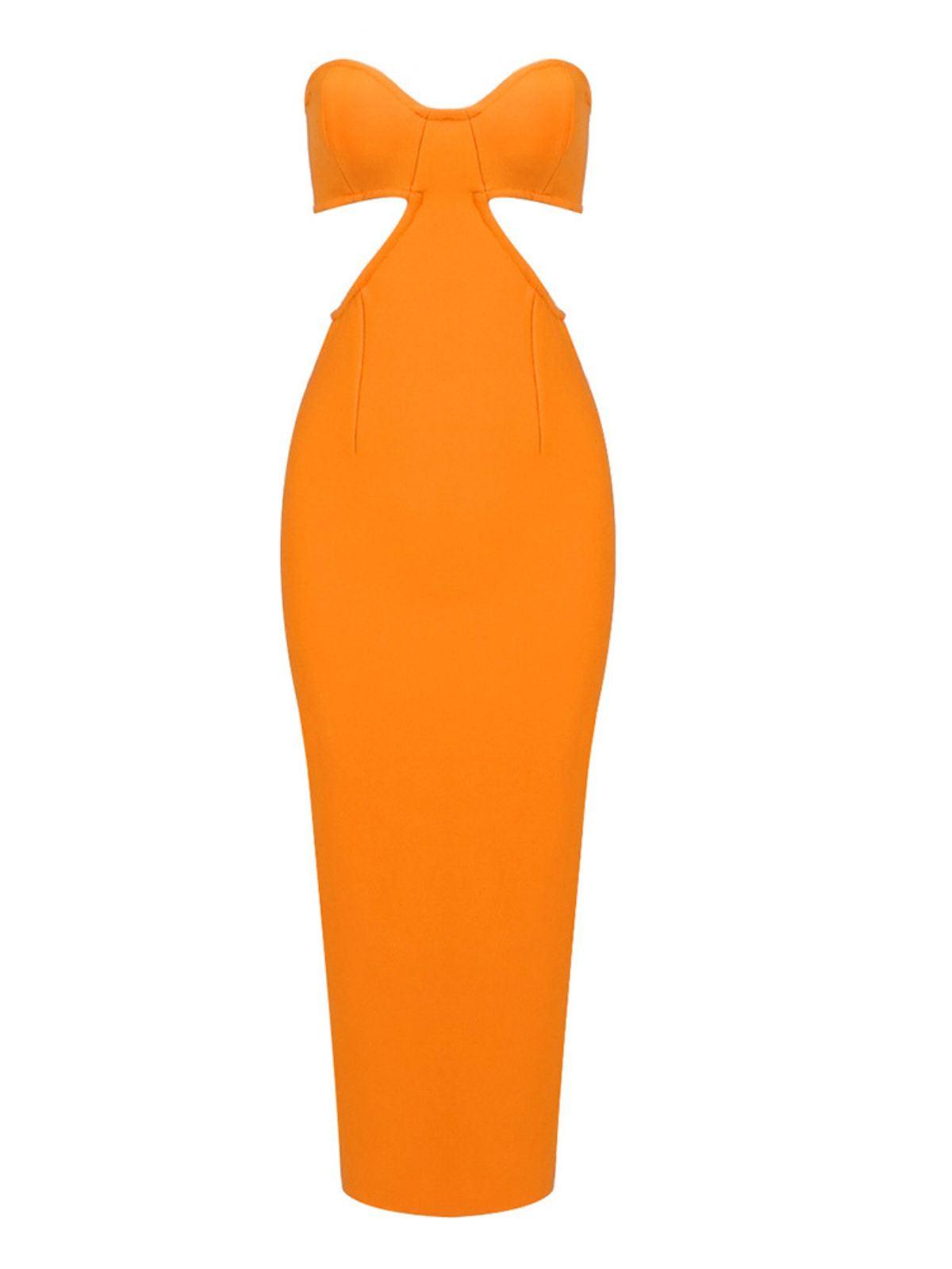 Sinead – Trägerloses Bandage-Kleid mit Cut-outs in Orange 