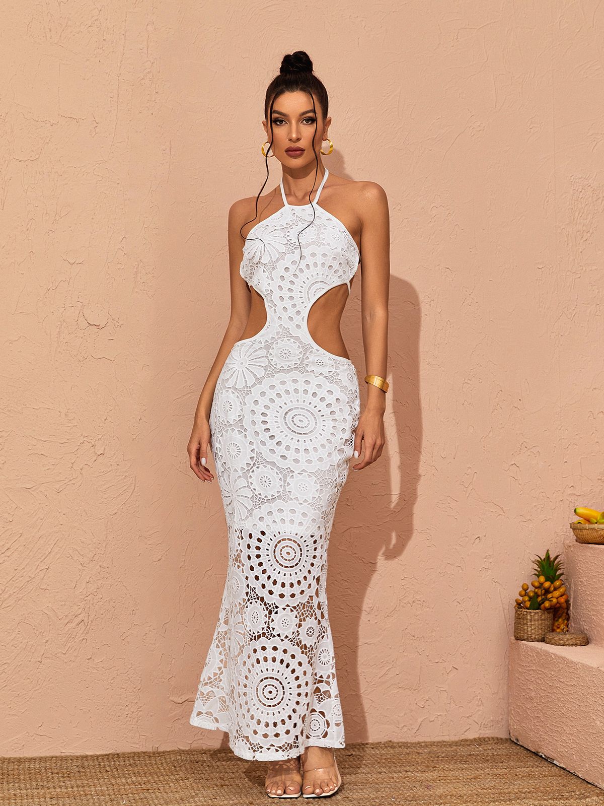 Thea Halterneck Cutout Lace Maxi Dress