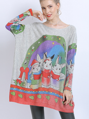 Große Größe Midi-Länge Pullover Hals Kaninchen Print Strickpullover Tops