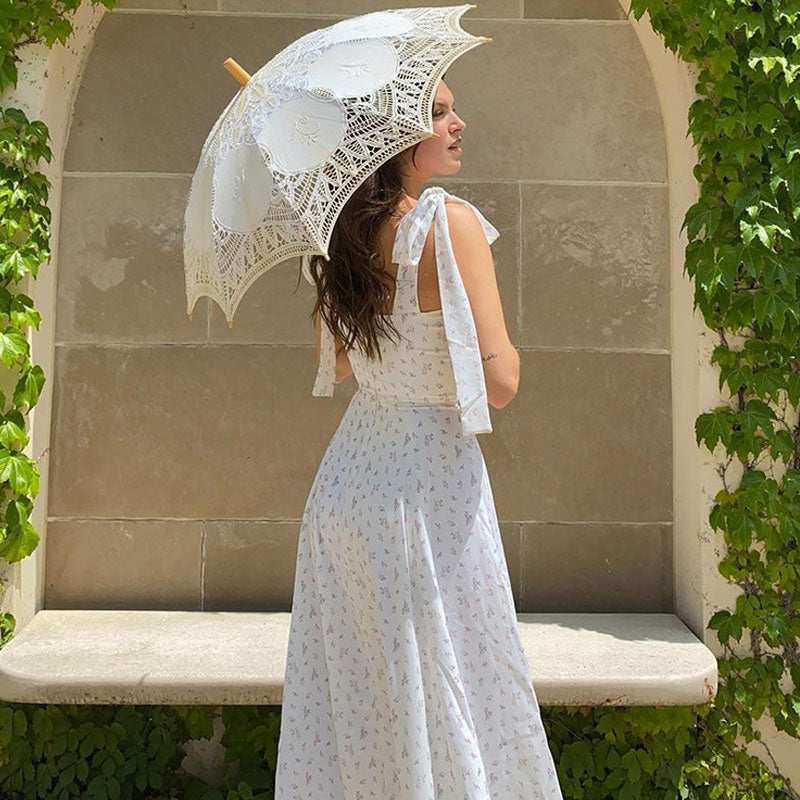 Vestido midi de verano con abertura alta, estampado, corte A, blanco