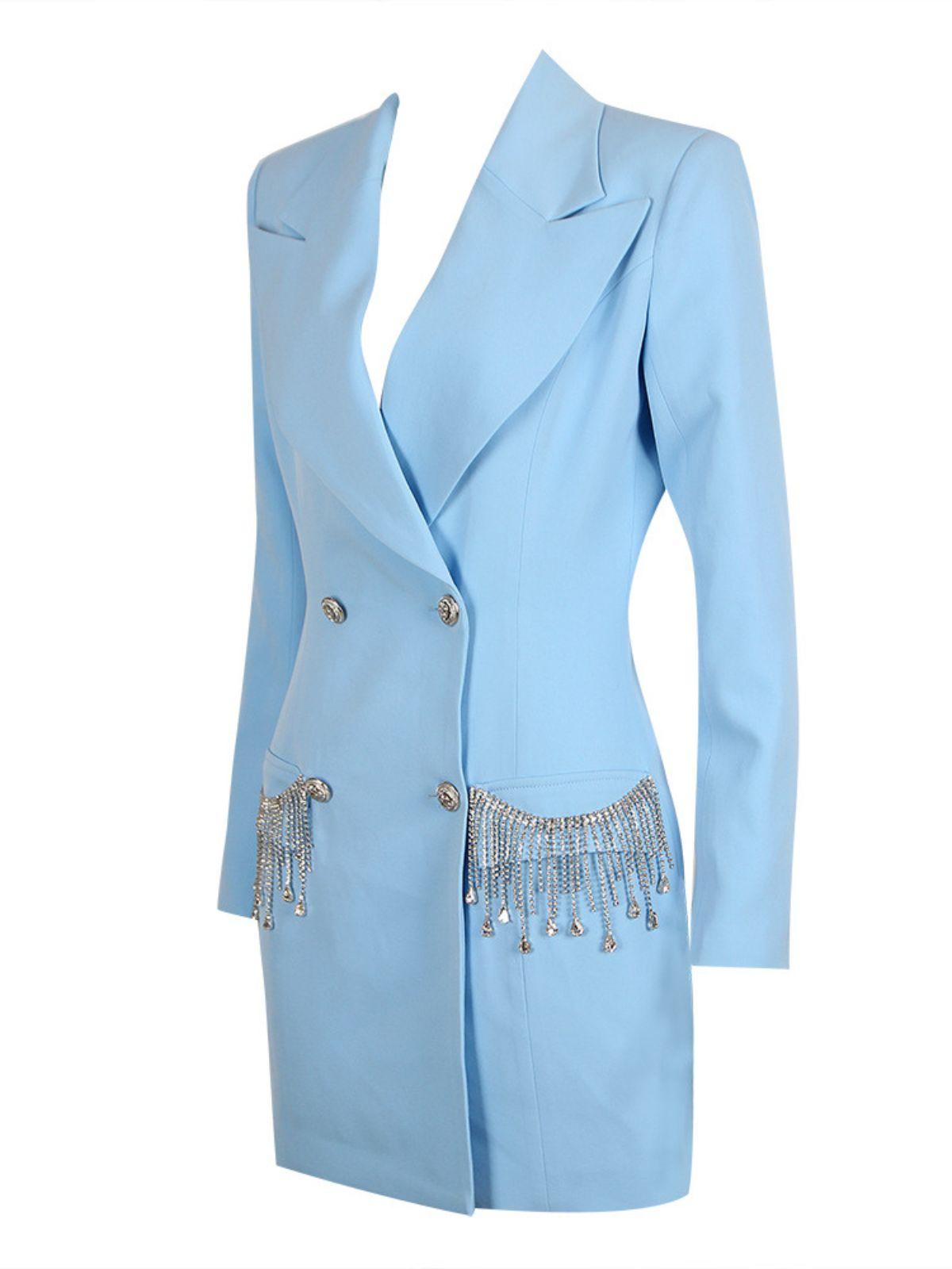 Verna Crystal Fringe Blazer Dress In Blue