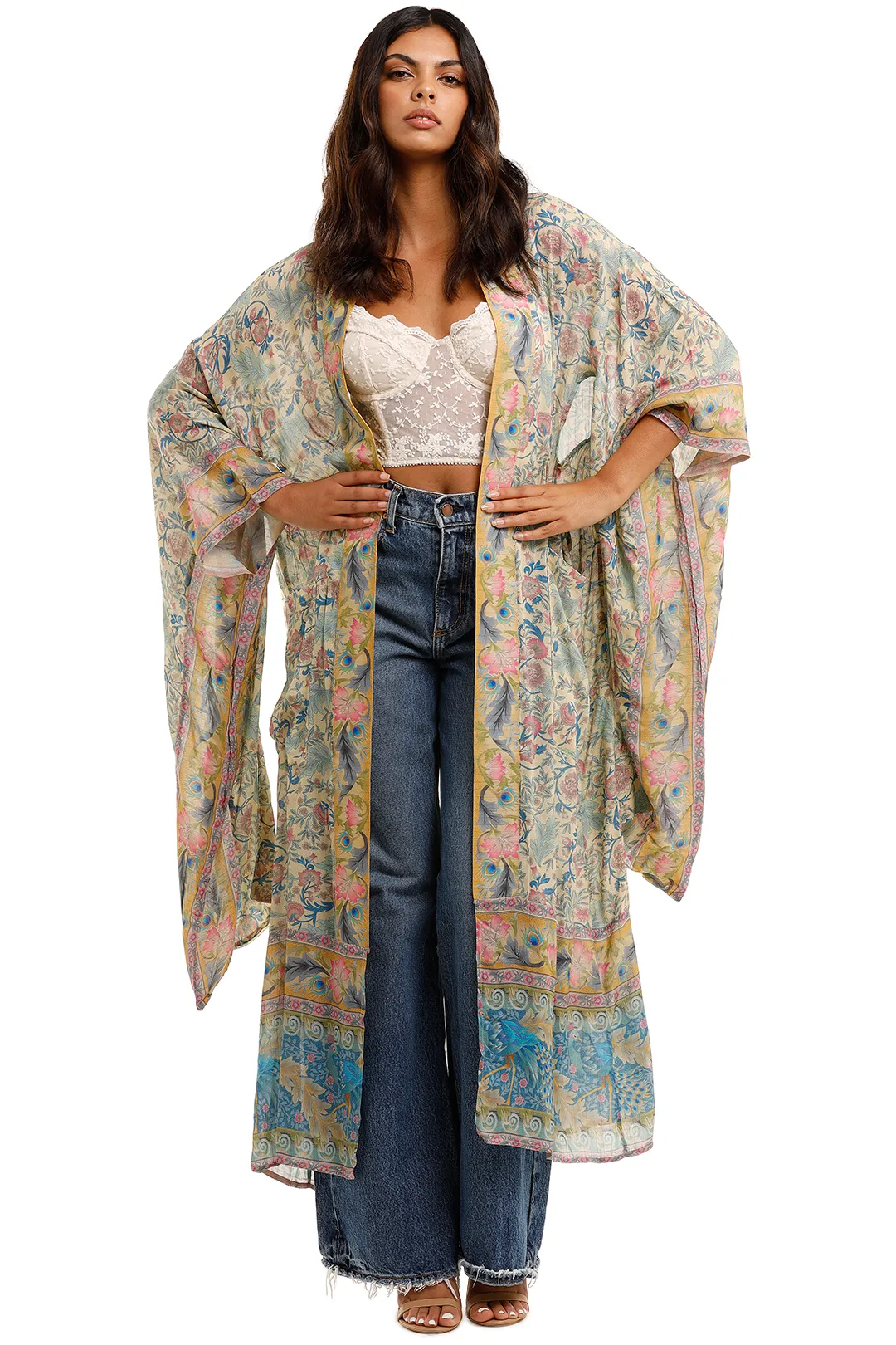 Long Kimono Floral Print Green Color Cotton Viscose Long Length Gown Kimono Duster Robe