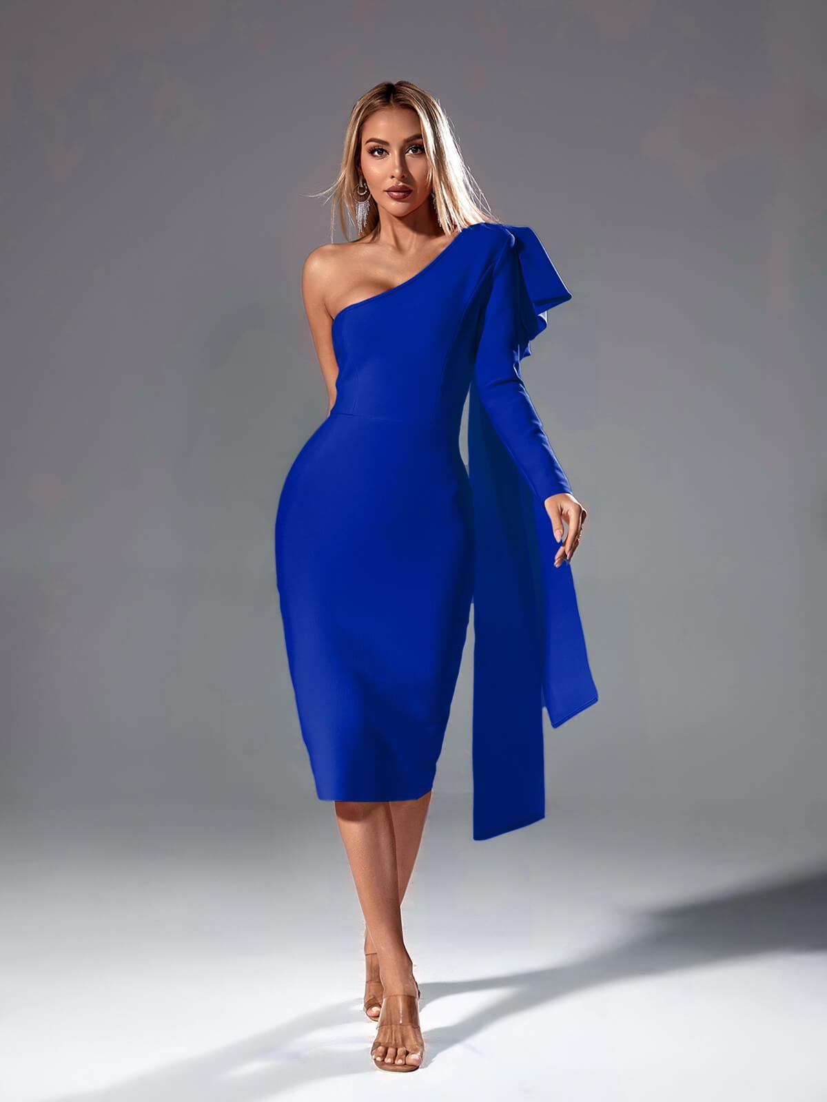 Willow One Shoulder Bandage Midi Dress In Royal Blue