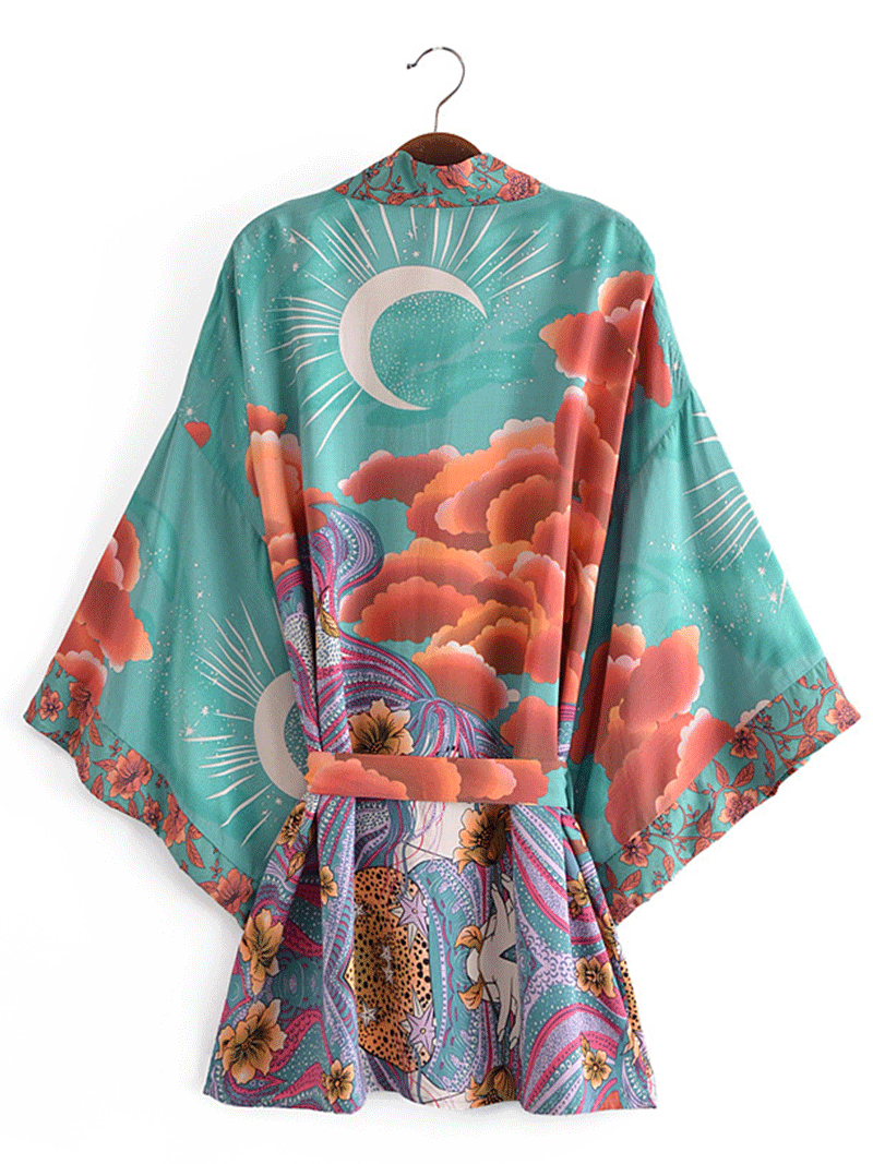 Partywear Short Kimono Floral Print Green Color Cotton Short Length Gown Kimono Duster Robe