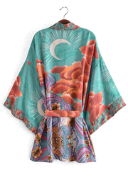 Kimono corto de fiesta con estampado floral, color verde, de algodón, largo corto, tipo kimono. 