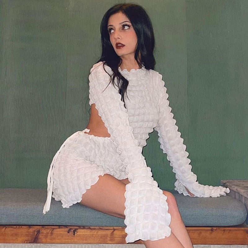 Texture Cut Out Long Sleeve Bodycon Mini Dress - White