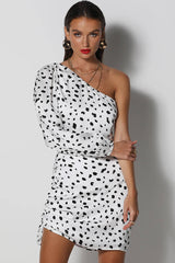 Animal Print Long Sleeve Cut Out One Shoulder Ruched Mini Dress - White
