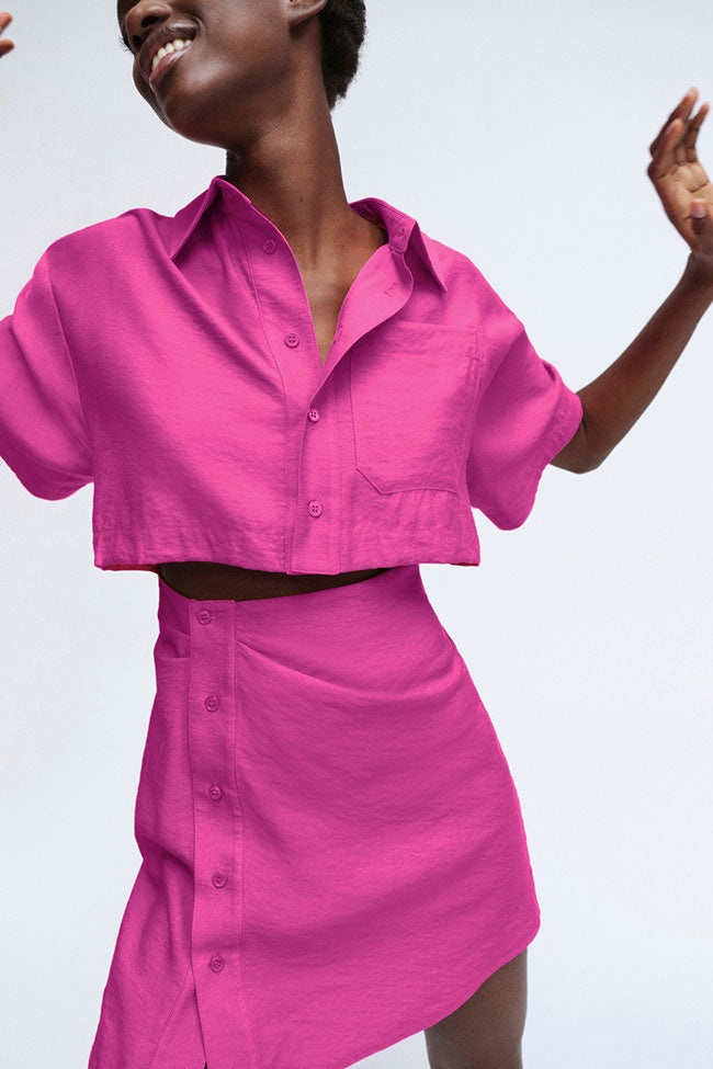 Asymmetric Button Down Short Sleeve Cutout Shirt Mini Dress - Pink