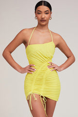 Asymmetric Drawstring Ruched Mesh Bodycon Mini Dress - Yellow