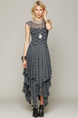 Asymmetric Tiered Ruffle Sleeveless Maxi Lace Dress - Gray