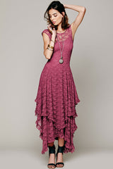 Asymmetrisches, gestuftes, ärmelloses Maxi-Spitzenkleid mit Rüschen - Mauve