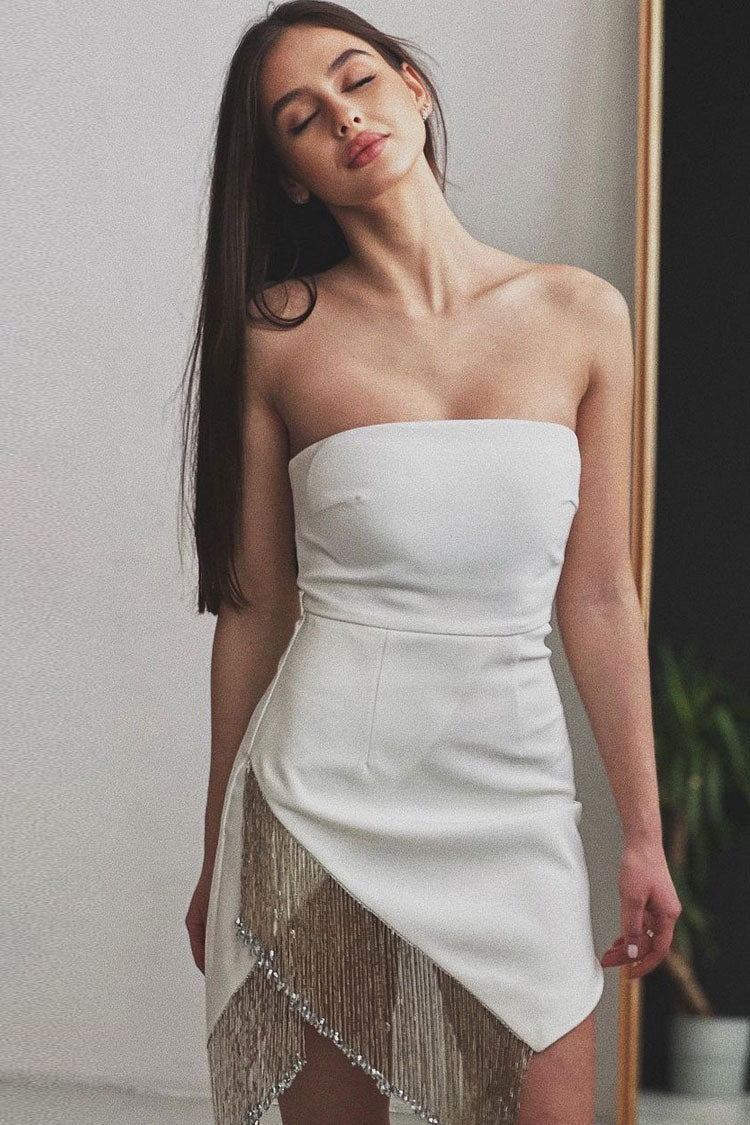Asymmetrical Fringe Trim Bodycon Bandage Strapless Mini Dress - White