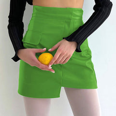 High Waist Seamed Trim Vegan Leather Mini Skirt - Green