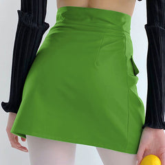 High Waist Seamed Trim Vegan Leather Mini Skirt - Green