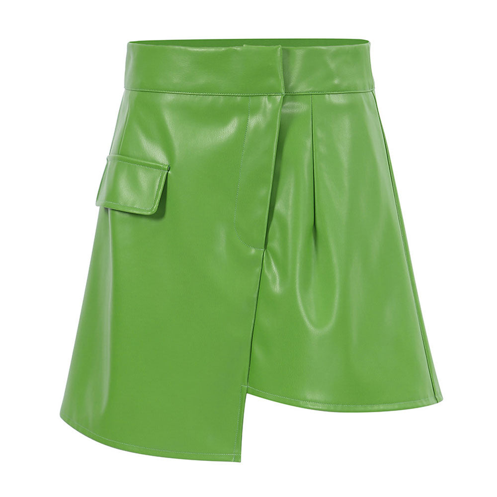 High Waist Seamed Trim Vegan Leather Mini Skirt - Green