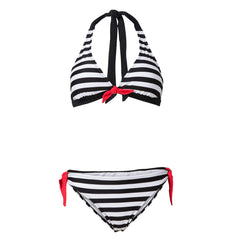 Bikini triangular con cuello halter y lazo con estampado de rayas - Negro