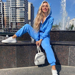 Style Kitty – Langärmliger Jumpsuit mit Kapuze und Reißverschluss – Blau