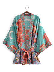 Kimono corto de fiesta con estampado floral, color verde, de algodón, largo corto, tipo kimono. 