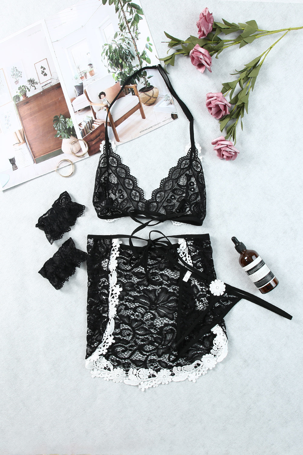 Black Contrast Lace Trim French Maid Lingerie Set