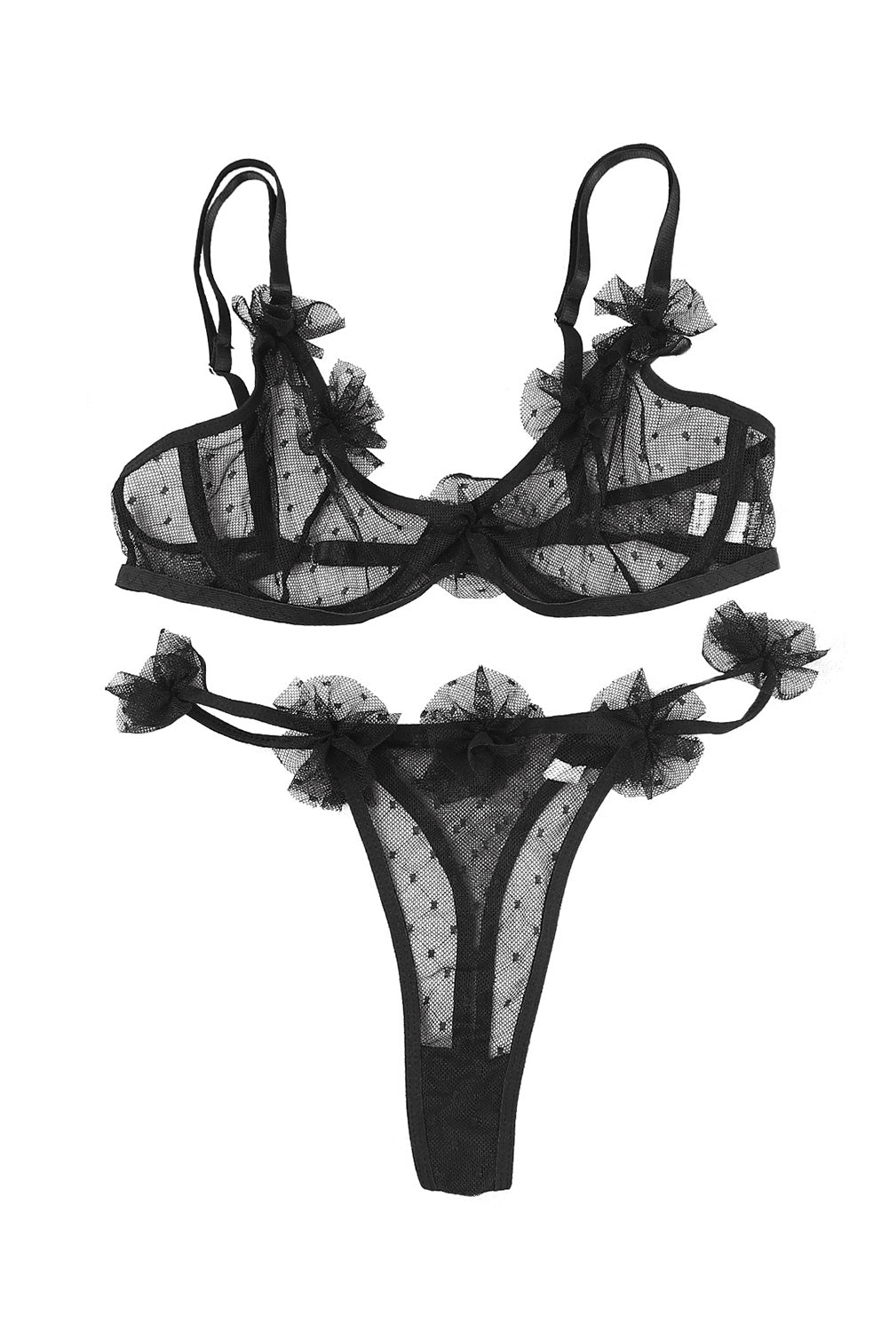 Black Embroidered Dot Tulle Bra And Thong Set