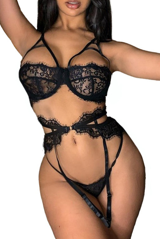 Black Eyelash Lace Bralette Set With Garter Belt