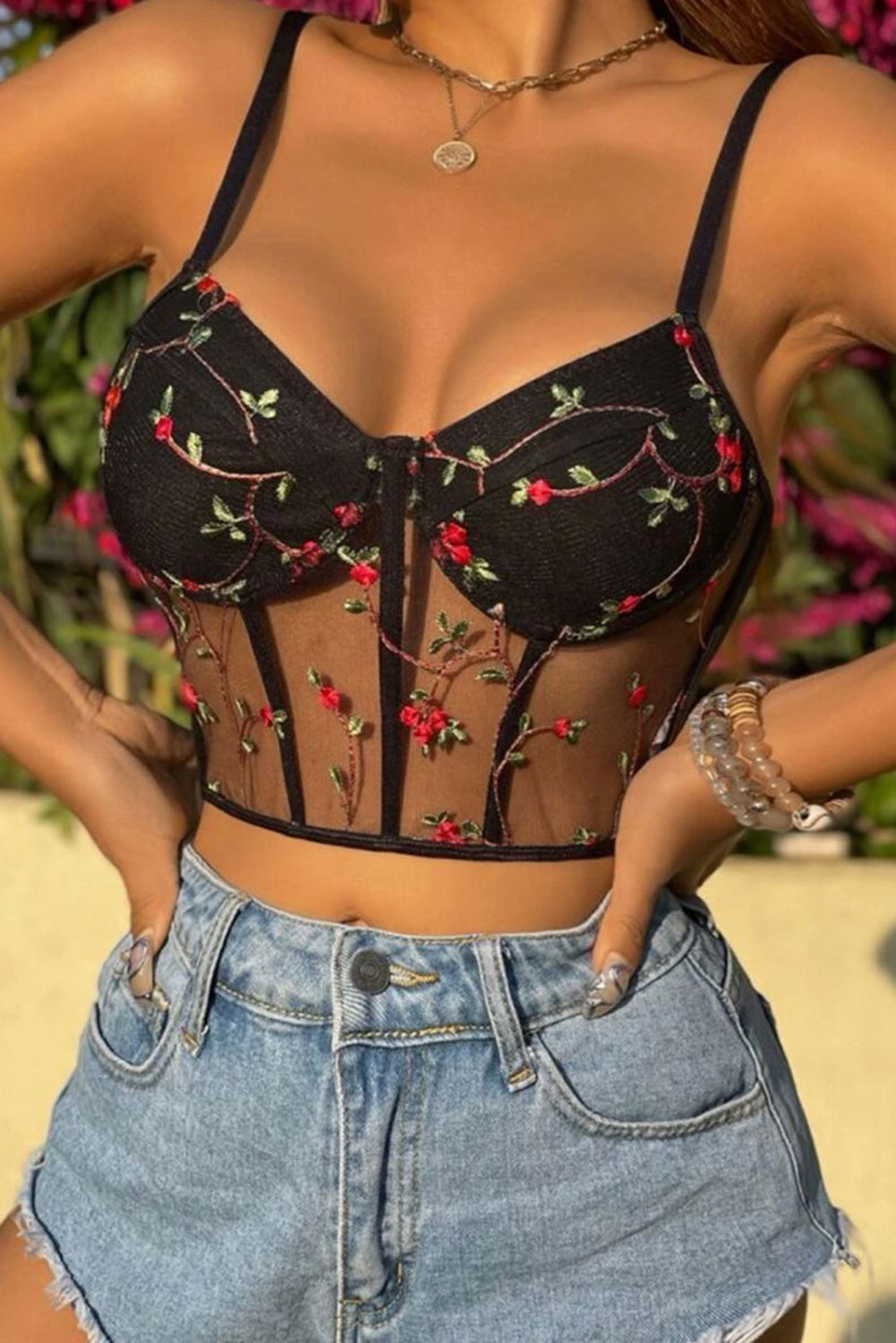 Black Floral Embroidery Mesh Bustier Bralette