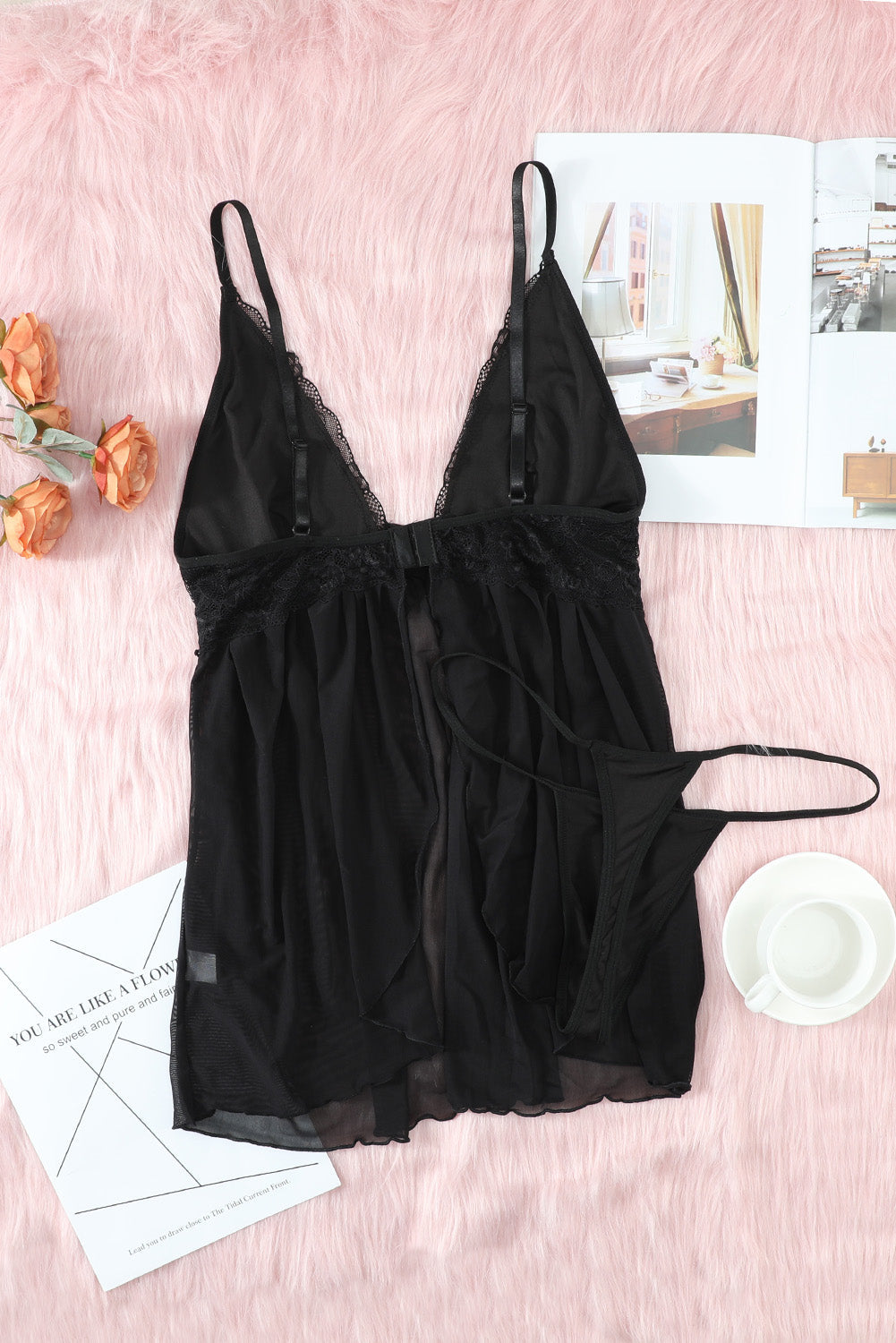 Black Lace Cups Tulle Babydoll Set