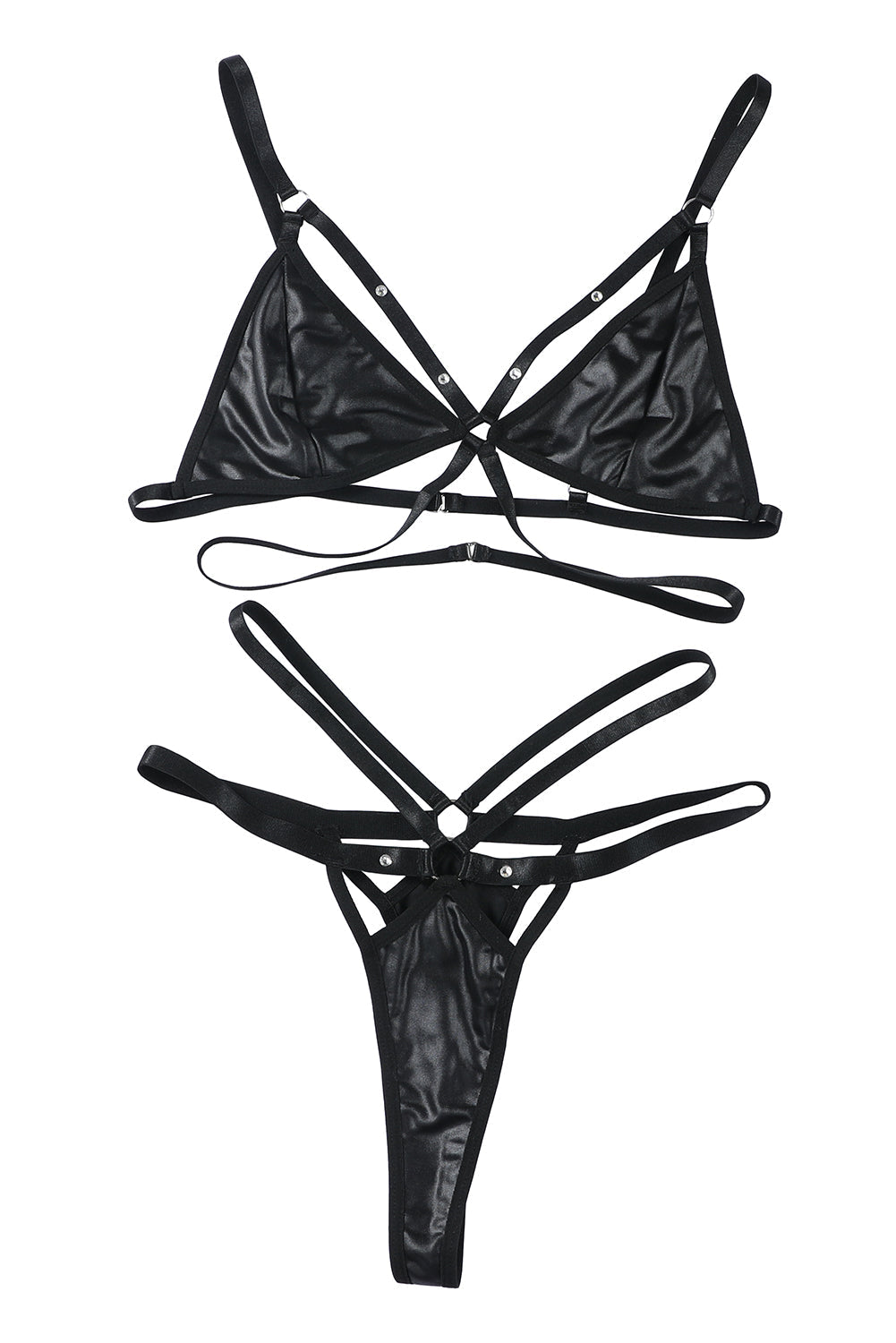 Black Leather Strappy Bra And Thong Lingerie Set