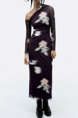 Blurry Floral Printed Long Sleeve Gathered Mesh Maxi Dress - Purple
