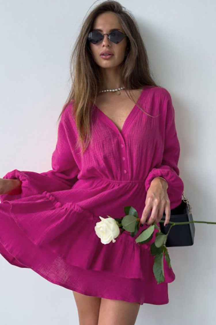 Boho Chic Long Sleeve Cotton Blend Layered Ruffle Mini Dress - Rose