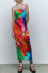 Bold Abstract Printed Summer Strapless Mesh Maxi Dress - Multicolor