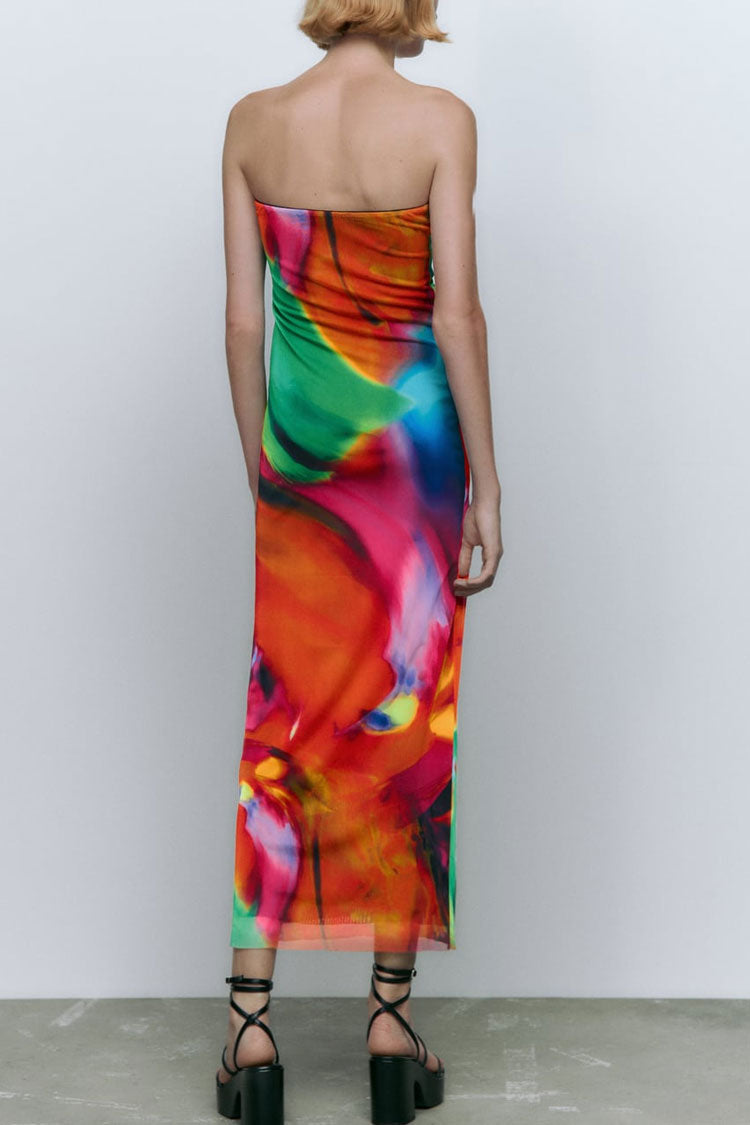 Bold Abstract Printed Summer Strapless Mesh Maxi Dress - Multicolor