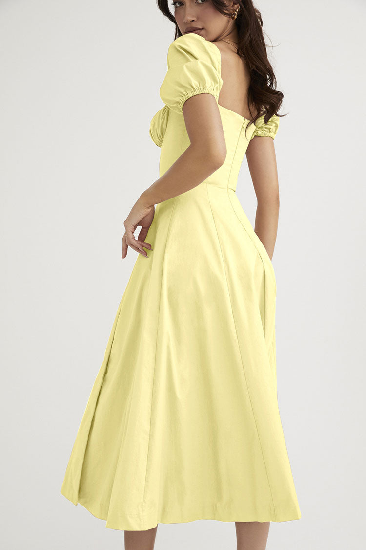 Breezy Off Shoulder Tie Front Puff Sleeve High Slit Midi Sundress - Yellow