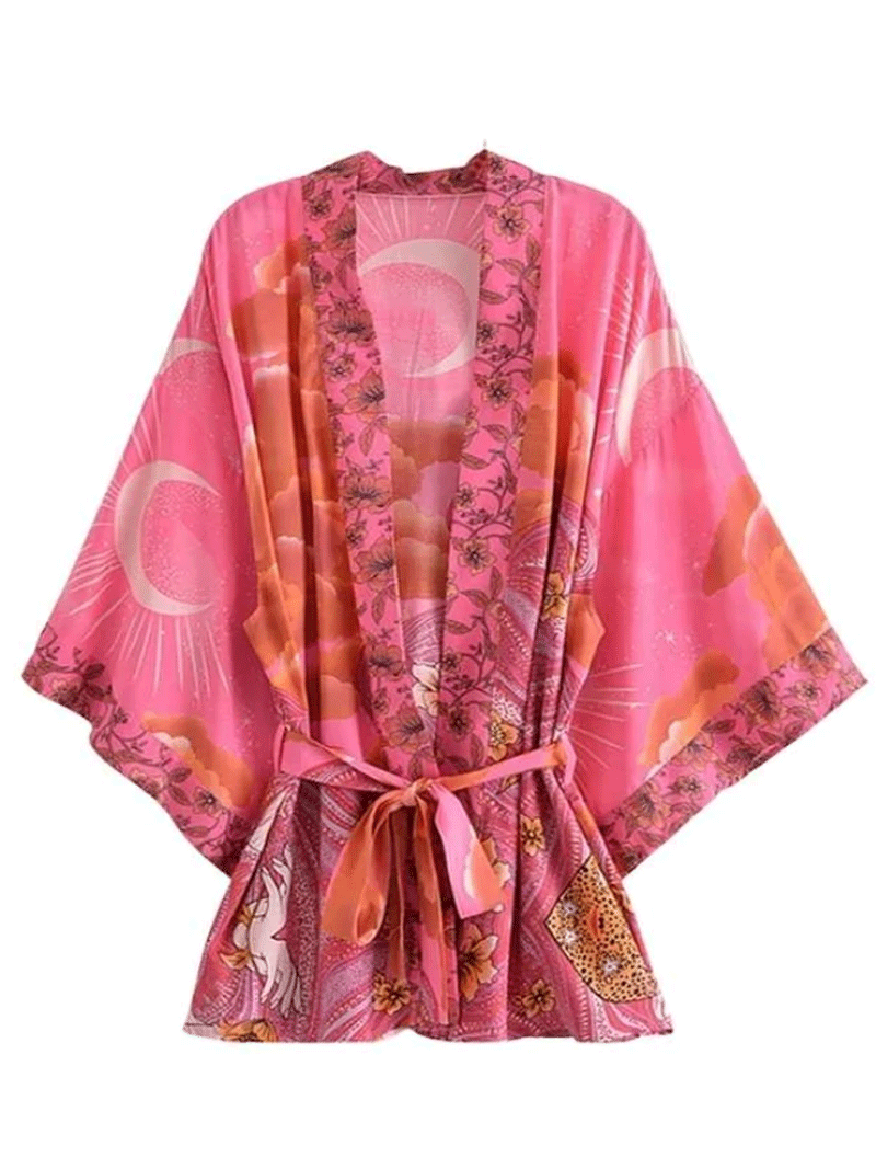 Short Length Floral Print Pink Color Cotton Gown Robe Kimono Duster Robe