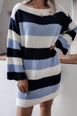 Casual Boat Neck Contrast Striped Oversized Pullover Sweater Mini Dress - Blue