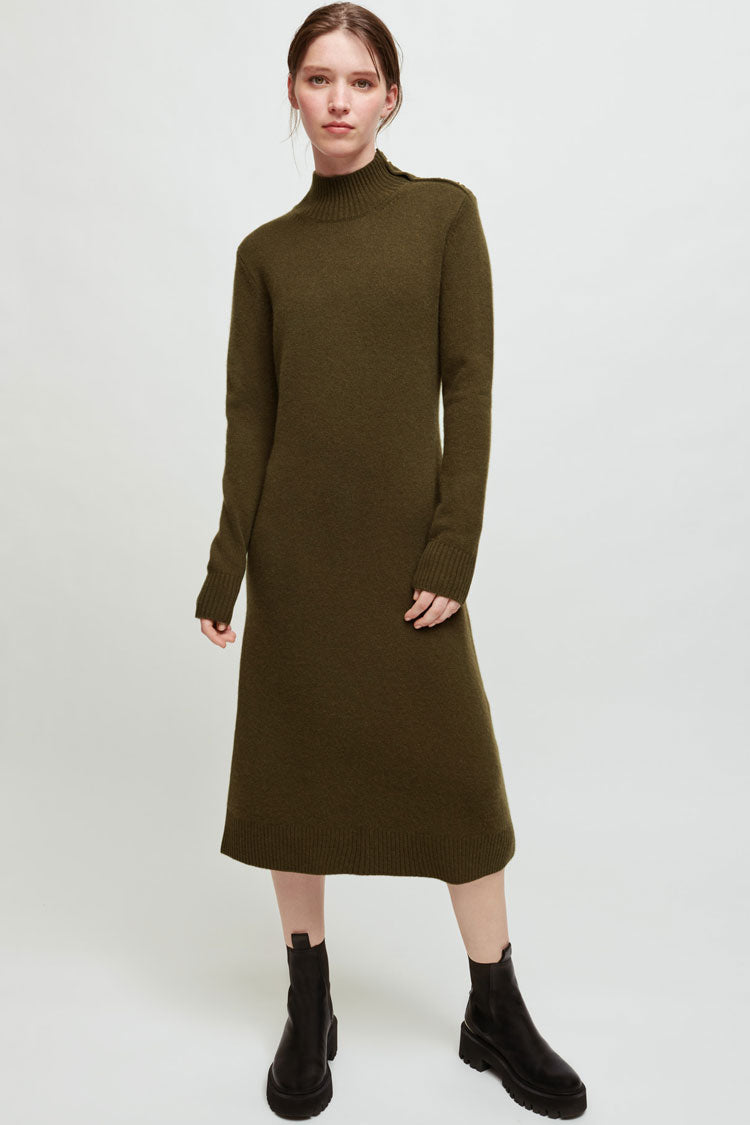 Vestido midi informal de invierno con cuello alto y manga larga - Verde